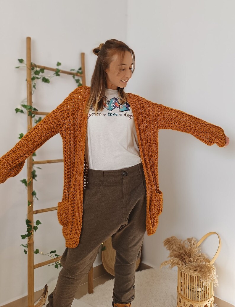 Crochet Cardigan Sweater, Ocre Chunky Cardigan, Hand Knit Wool Cardigan, Wick Cardigan image 5