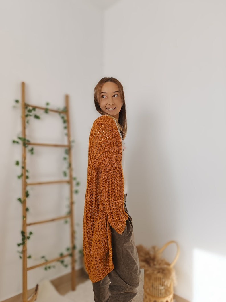 Crochet Cardigan Sweater, Ocre Chunky Cardigan, Hand Knit Wool Cardigan, Wick Cardigan image 1