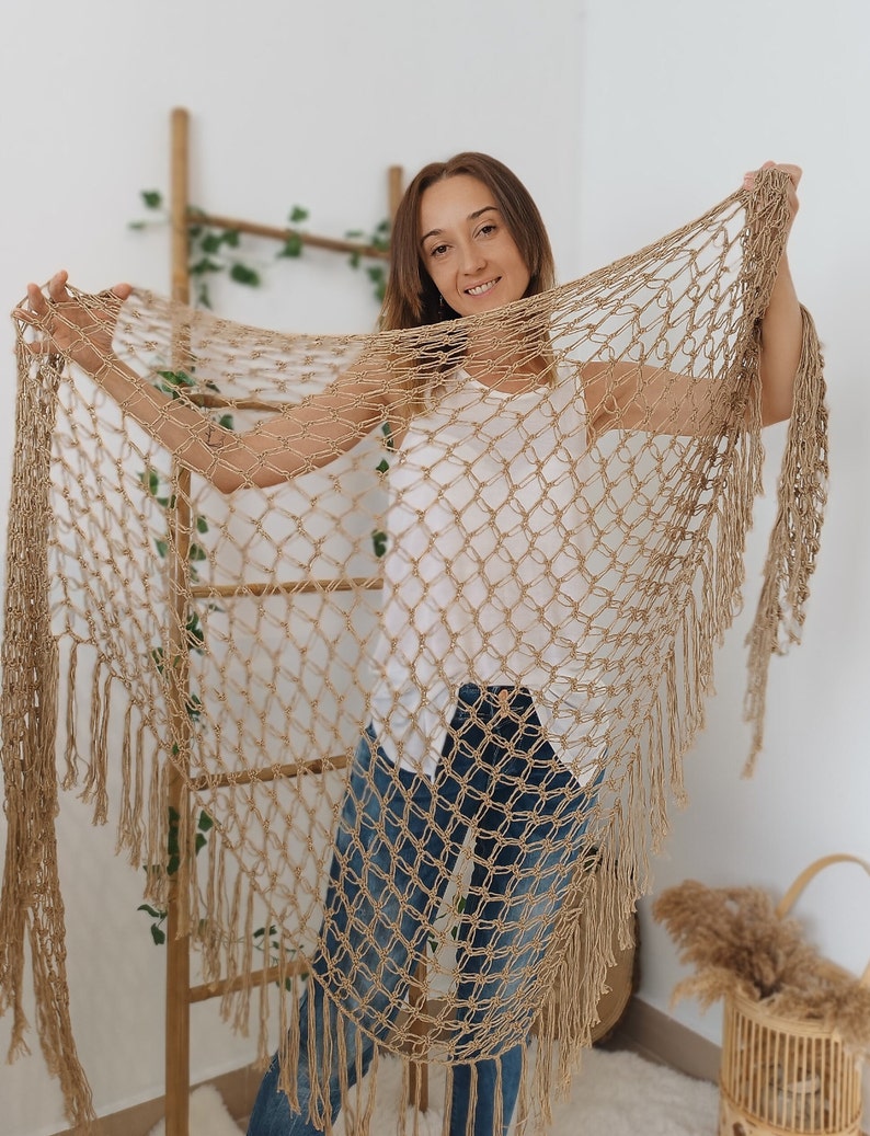 Open Weave Shawl, Bamboo Shawl, Beige Crochet Shawl Wrap, Boho Evening Wrap image 5