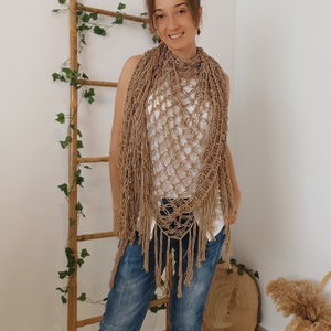 Open Weave Shawl, Bamboo Shawl, Beige Crochet Shawl Wrap, Boho Evening Wrap image 7