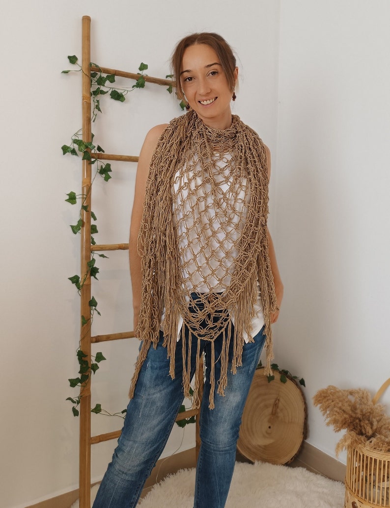 Open Weave Shawl, Bamboo Shawl, Beige Crochet Shawl Wrap, Boho Evening Wrap image 7