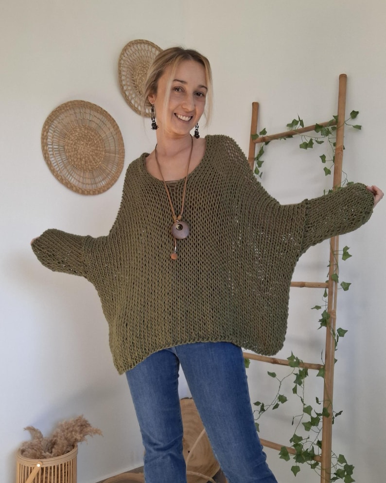 Boho Knit Sweater, Oversized Green Pullover, Vegan Soft Yarn, Lightweight Handmade Top image 6