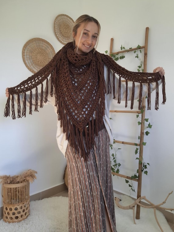 Crochet Fringe Shawl: Chocolate Brown Vegan Wool Boho Wrap - Etsy