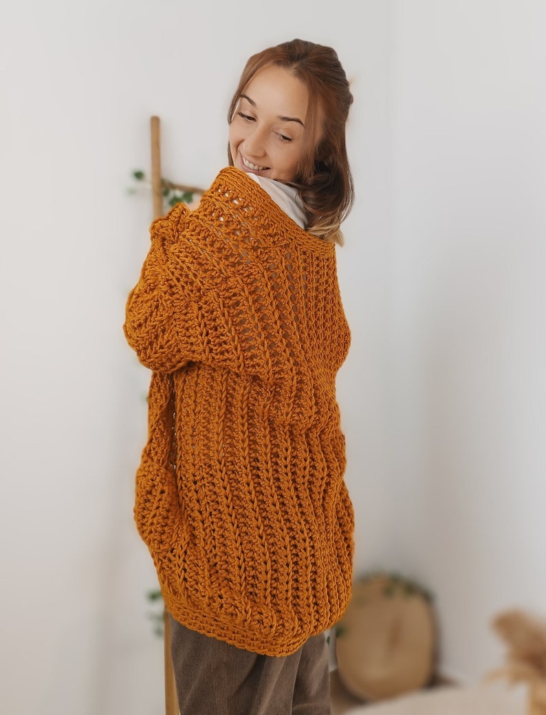 Crochet Cardigan Sweater, Ocre Chunky Cardigan, Hand Knit Wool Cardigan, Wick Cardigan image 8