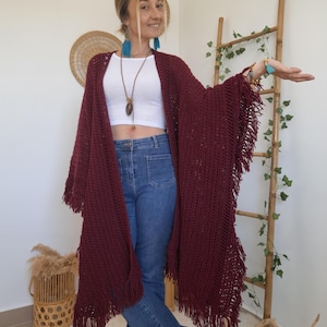 Boho Crochet Kimono, Fringe Cardigan, Lightweight Summer Layer, Handmade Wrap