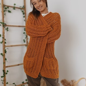 Crochet Cardigan Sweater, Ocre Chunky Cardigan, Hand Knit Wool Cardigan, Wick Cardigan image 6