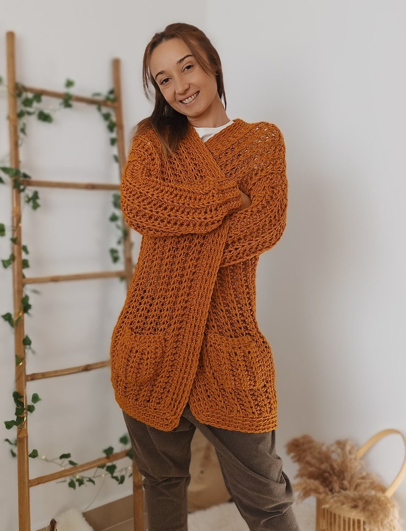 Crochet Cardigan Sweater, Ocre Chunky Cardigan, Hand Knit Wool Cardigan, Wick Cardigan image 6