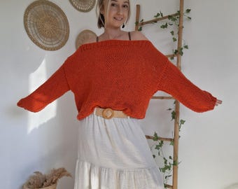 Handmade Knit Sweater in Terracotta Orange, Chunky Oversized Pullover, Soft Boat Neck Jumper