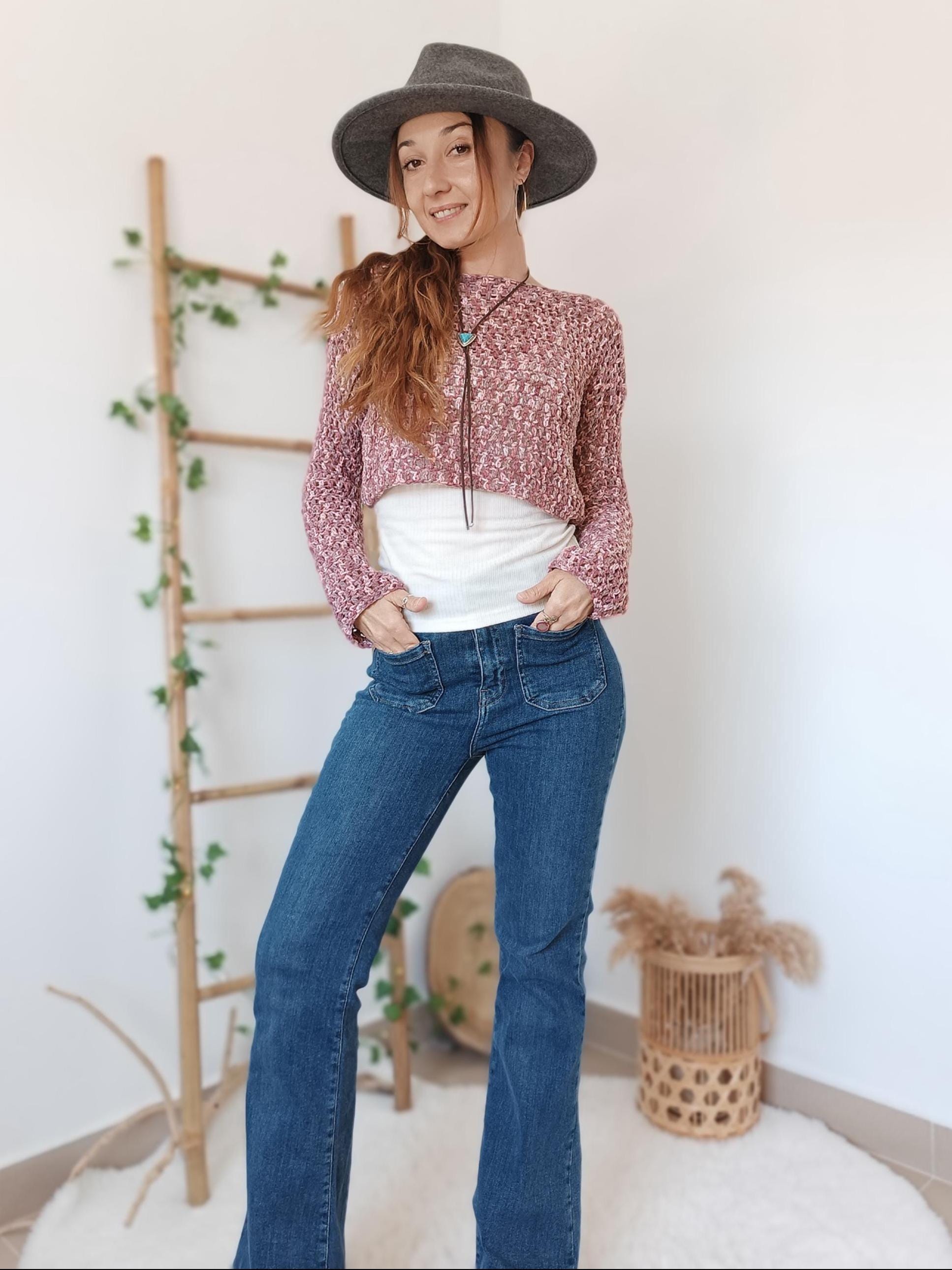 Cropped Crochet Sweater, Pink Tones Cotton Sweater, Crop Top Long Sleeves, Cotton Sweater For Women