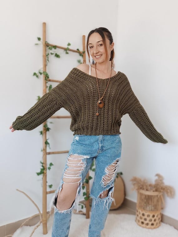 Moss Green Loose Knit Crochet Sweater With A V Neckline and Back