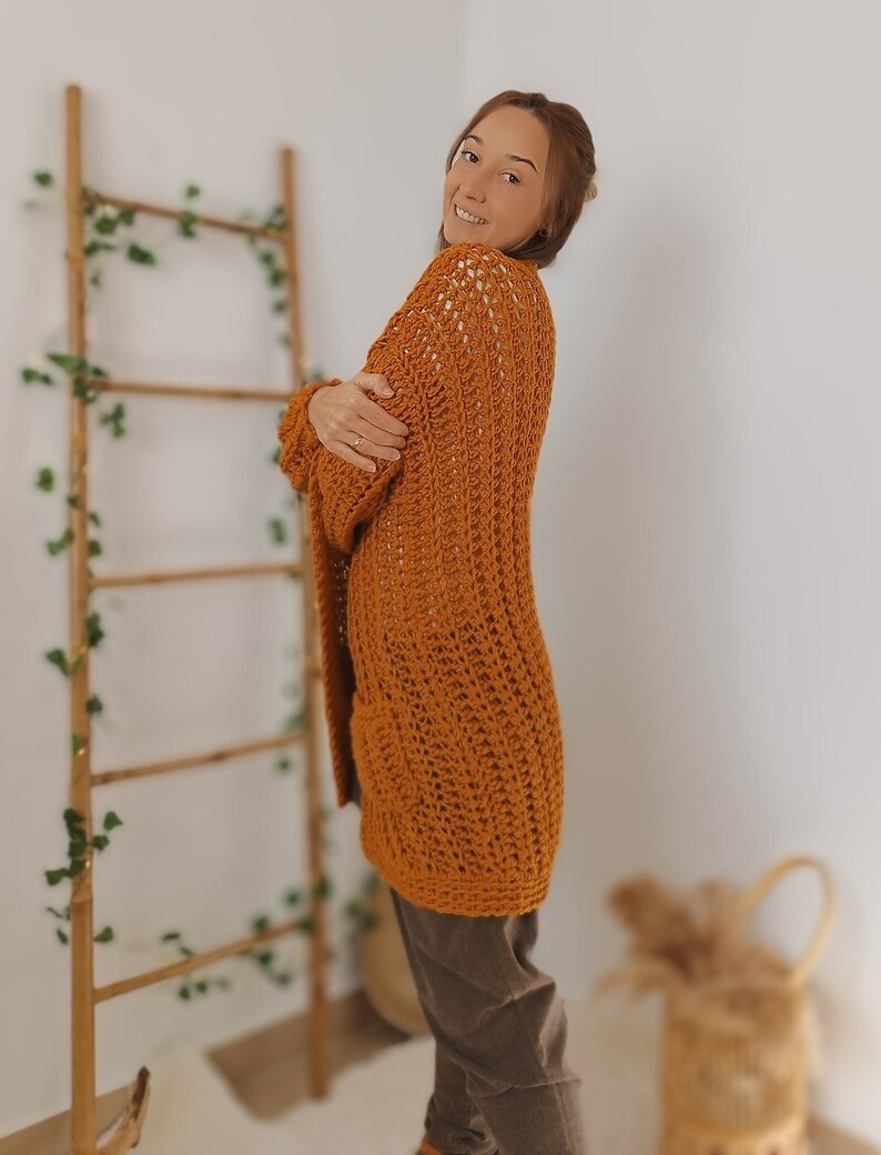 Crochet Cardigan Sweater, Ocre Chunky Cardigan, Hand Knit Wool Cardigan, Wick Cardigan image 10