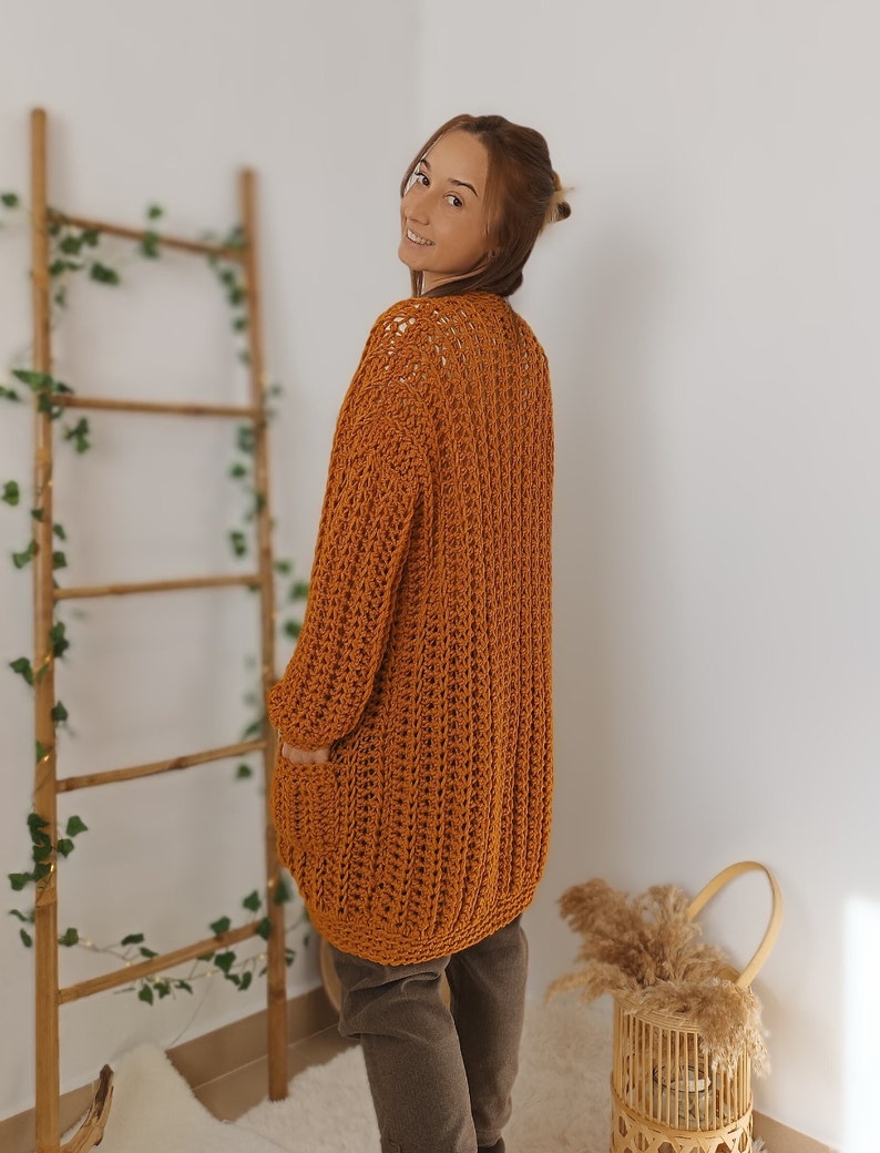 Crochet Cardigan Sweater, Ocre Chunky Cardigan, Hand Knit Wool Cardigan, Wick Cardigan image 2