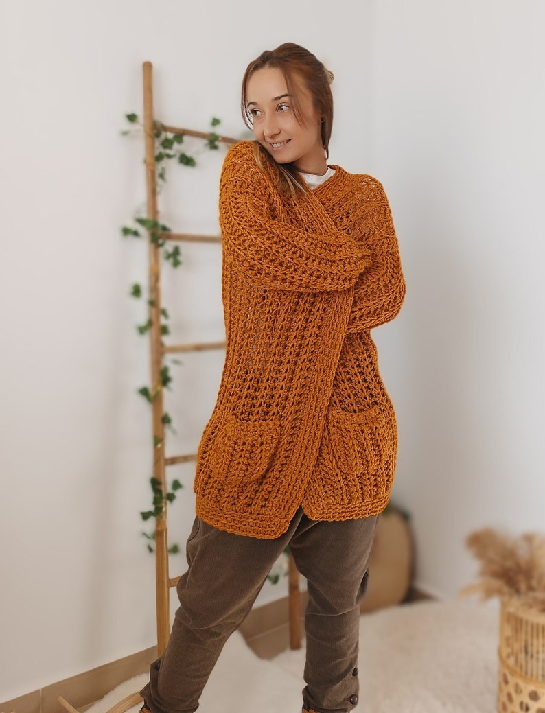 Crochet Cardigan Sweater, Ocre Chunky Cardigan, Hand Knit Wool Cardigan, Wick Cardigan image 9