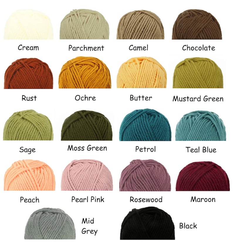 May include: A collection of eighteen yarn balls arranged in a grid, each labeled with its color name: Cream, Parchment, Camel, Chocolate, Rust, Ochre, Butter, Mustard Green, Sage, Moss Green, Petrol, Teal Blue, Peach, Pearl Pink, Rosewood, Maroon, Mid Grey, and Black.