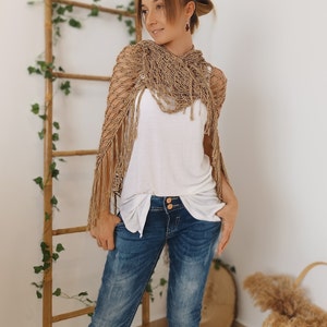 Open Weave Shawl, Bamboo Shawl, Beige Crochet Shawl Wrap, Boho Evening Wrap image 6