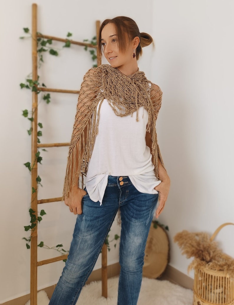 Open Weave Shawl, Bamboo Shawl, Beige Crochet Shawl Wrap, Boho Evening Wrap image 6