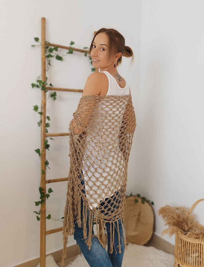 Open Weave Shawl, Bamboo Shawl, Beige Crochet Shawl Wrap, Boho Evening Wrap image 2