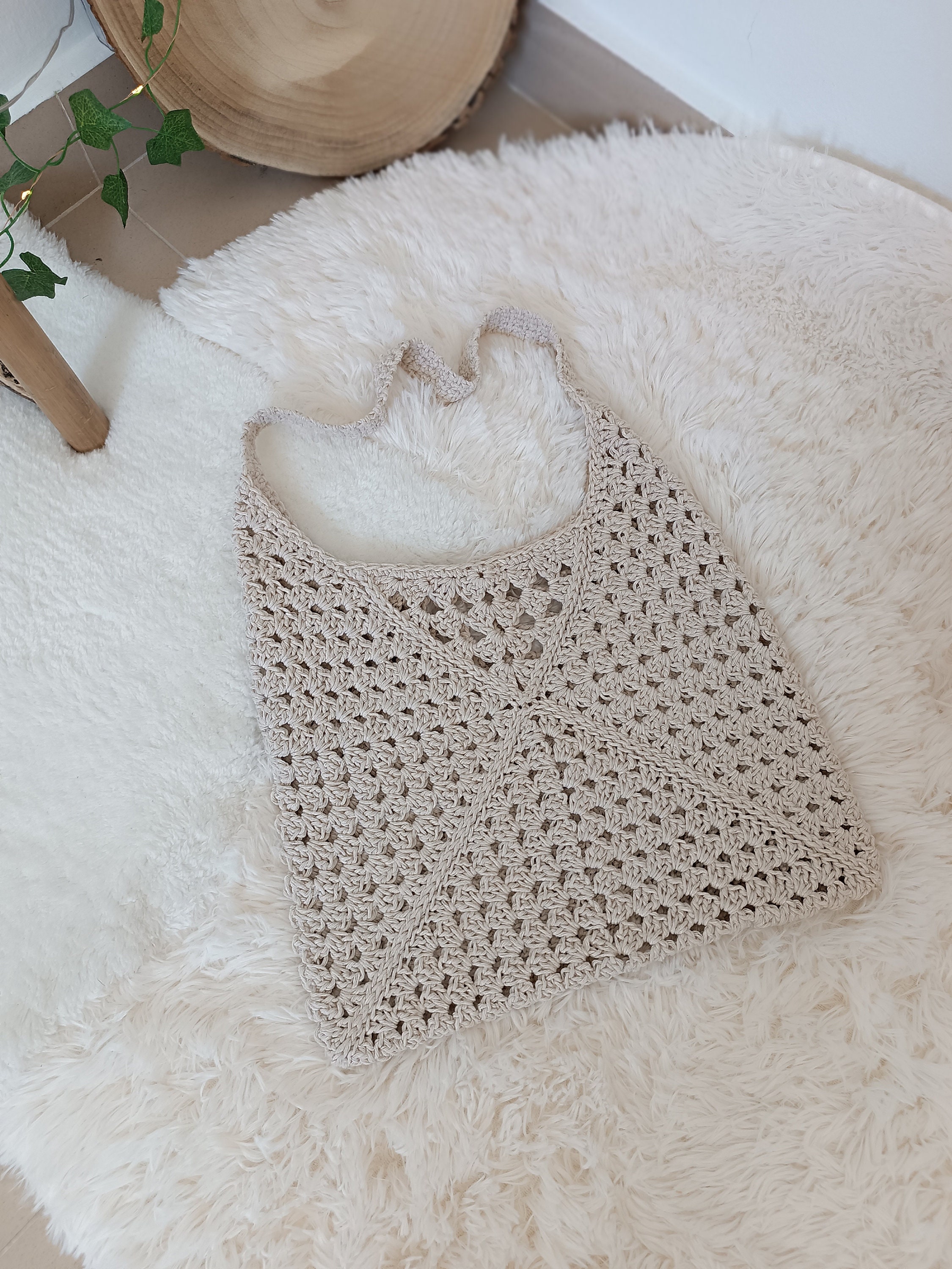 【HUECLOSET】square tote bag R5890 Hobo Crohet Bag, Granny Square Bag, Tote Bag, Beige Crochet