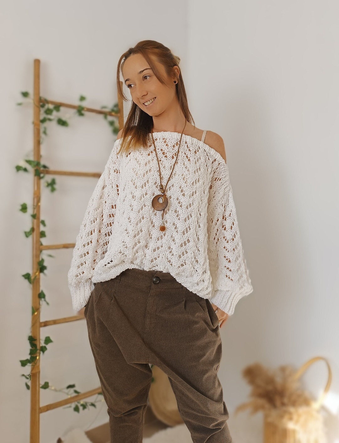 White Hand Knit Sweater, Lightweight Knit Sweater, Knit Sweater Boho ...