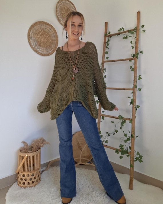 Boho Knit Sweater, Oversized Green Pullover, Vegan Soft Yarn, Lightweight Handmade Top