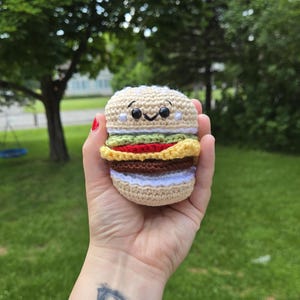 Crocheted Hand Sized Play and Build Cheeseburger with Toppings, Kitchen Toy, Kids Crocheted Kitchen Item, Take Apart and Rebuild Fun Burger