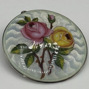 Superb Art Deco Scandinavian Solid 900 Silver Guilloche Enamel Roses Brooch