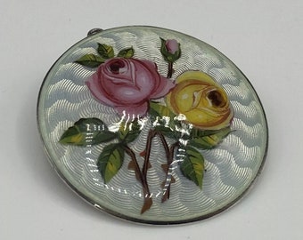 Art Deco Scandinavian 900 Silver Guilloche Enamel Roses Brooch