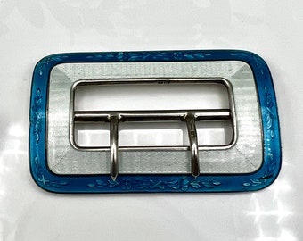 Edwardian Solid Silver and Guilloche Enamel Ladies Belt Buckle 1910 Levi & Salaman