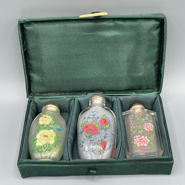 3 botellas de rapé de vidrio pintadas al revés chinas vintage de 1930/40 con diseño floral