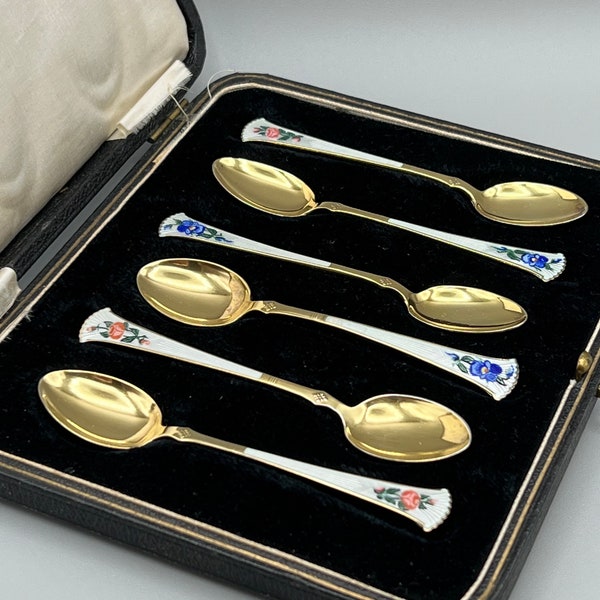 Stunning Vintage Aksel Holmsen Sterling Silver Guilloche Enamel Norwegian Tea Spoon Set