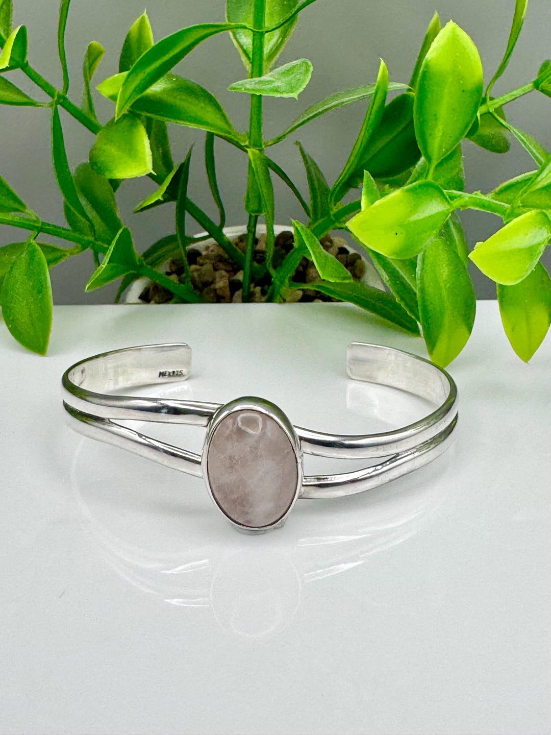 Vintage Birmingham Import Sterling Silver & Rose Quartz Cuff