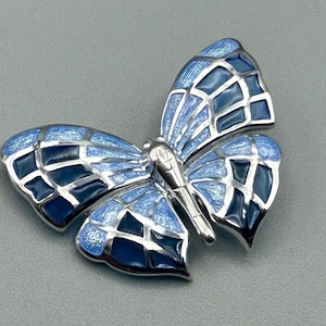 Superb Plique A Jour & Blue Guilloche Enamel Sterling Silver Butterfly Brooch
