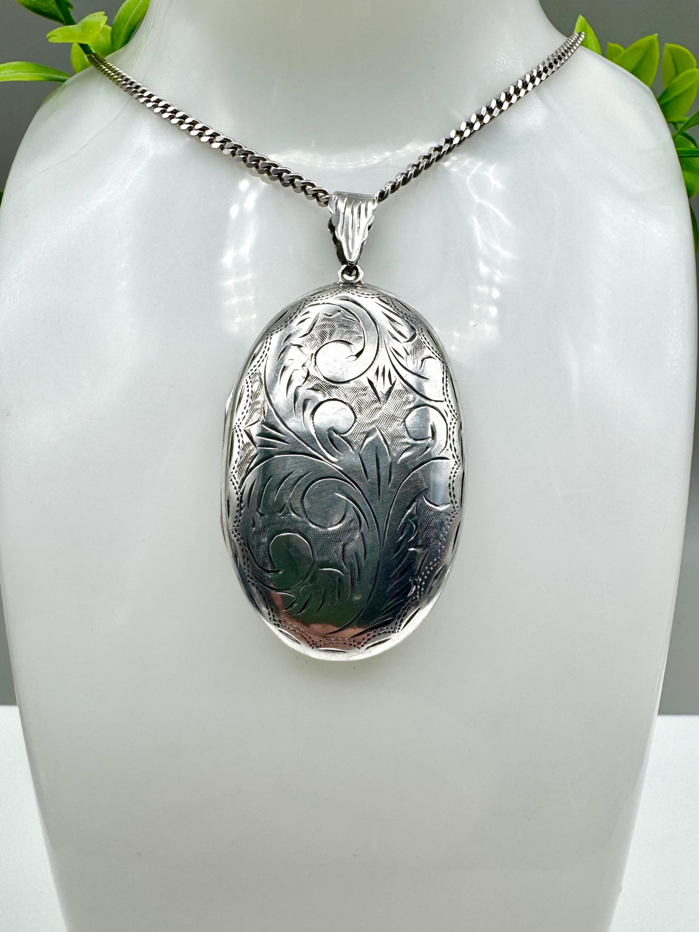 Vintage Extra Large Sterling Silver Locket & 25.5” Sterling Curb