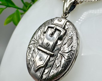 Antique Victorian Large Sterling Silver Belt/Buckle Locket & 24” Twist Chain