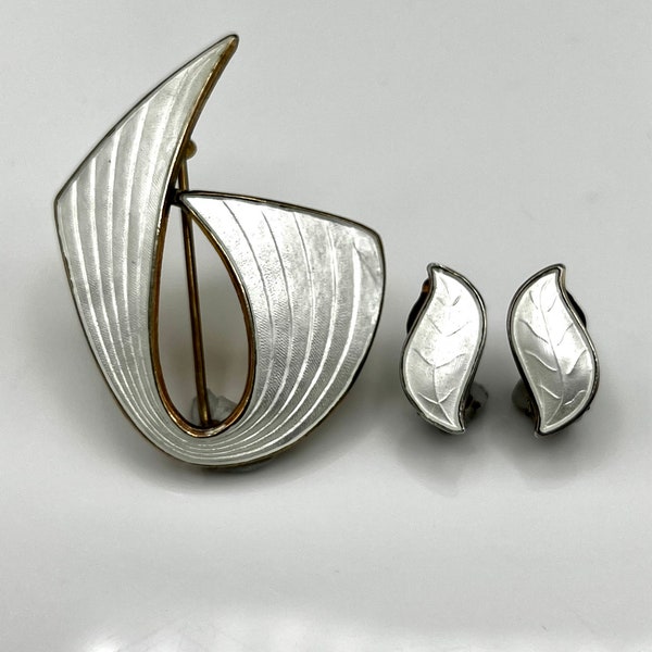 Vintage Norway Aksel Holmsen Sterling Silver White Enamel Brooch & Earrings