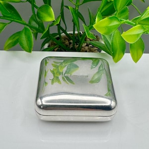 Peut inclure: Petite boîte carrée argentée à couvercle articulé. Le couvercle reflète un motif de feuilles vertes. La boîte est posée sur une surface blanche, avec une plante verte en arrière-plan.