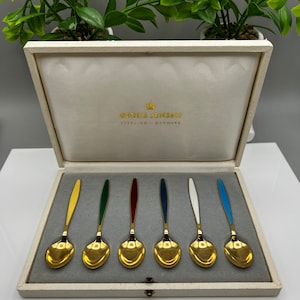 Georg Jensen Denmark Vintage Solid Silver & Guilloche Enamel Tea Spoons. RARE!!