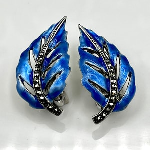 Rare Scandinavian 1950’s Sterling Silver, Marcasite & Guilloche Enamel Earrings