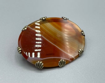 Antique Victorian Silver Plated Banded Agate Specimen Brooch