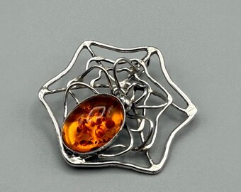 Broche vintage inusual de plata de ley y ámbar con forma de araña o telaraña (9,6 g)