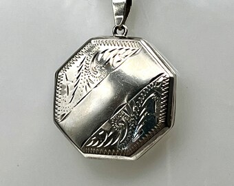 Vintage Hallmarked Large Octagon Sterling Silver Locket & Snake Chain