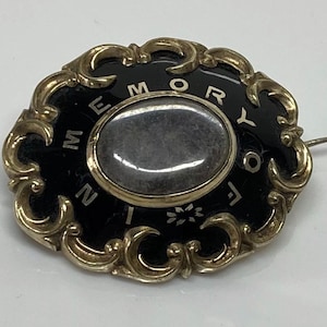Victorian Pinchbeck & Black Enamel Momento Mori Mourning Brooch Circa 1860
