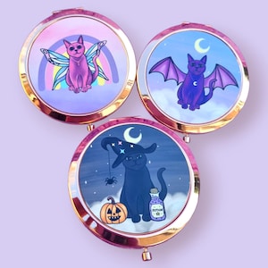 Rose Gold Pocket Mirror – Hand-Drawn Cat Designs (Bat, Fairy, Witch) – 7cm Compact Mirror for Cat Lovers