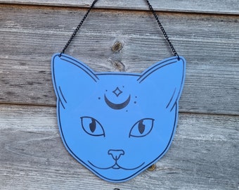 Magical Moon Cat Blue Lilac Acrylic Wall Hanging Witchy Home Decor Moon Wall Art Witches Cat Art