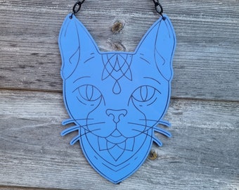 Sphynx Cat Blue Lilac Acrylic Wall Hanging Witchy Home Decor Moon Wall Art