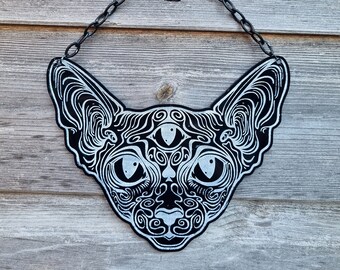 Sphynx Cat Black Acrylic Wall Hanging Witchy Home Decor Moon Wall Art