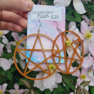 Orange Glittery Large Pentagram Earrings Acrylic Witchy Jewellery