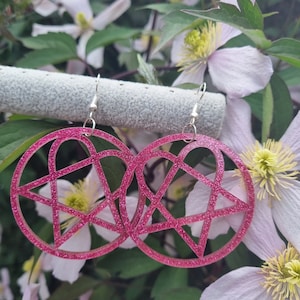 Glittery Hot Pink Heartagram HIM Inspired Earrings Acrylic Jewellery Ville Valo