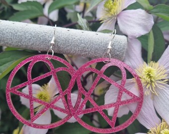 Glittery Hot Pink Heartagram HIM Inspired Earrings Acrylic Jewellery Ville Valo