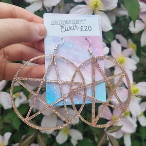 Light Pink Glittery Large Pentagram Earrings Acrylic Witchy Jewellery